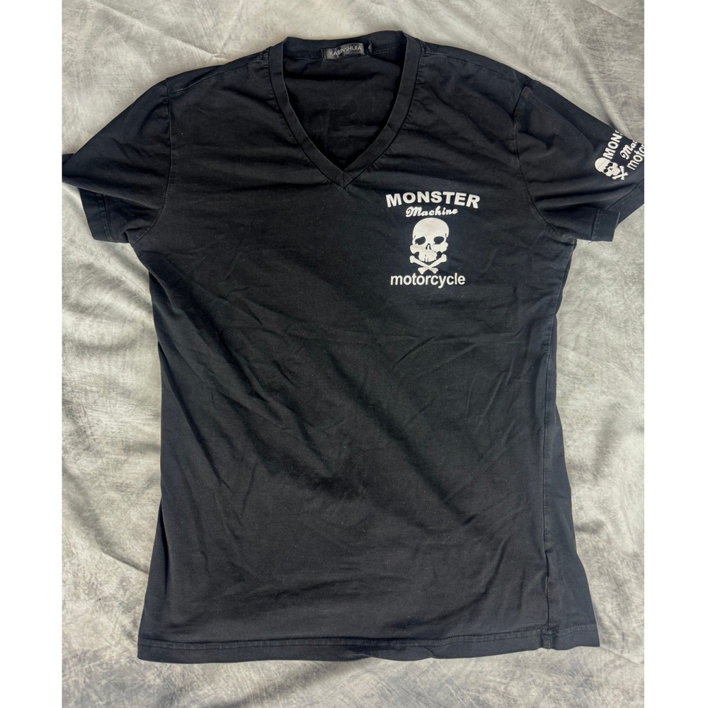 Kabinshijia Monster Machine Motorcycle Skull Graphic V-Neck Tee Black Biker Top